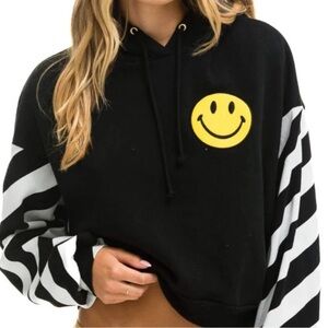 Aviator Nation Cropped Black Smiley Face Hoodie size Small